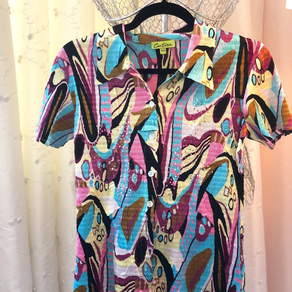 Colourful sequined short sleeve blouse